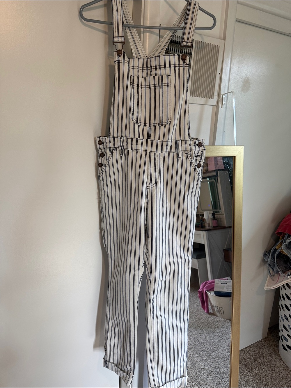 Judy Blue White Overalls with Navy Pinstripes